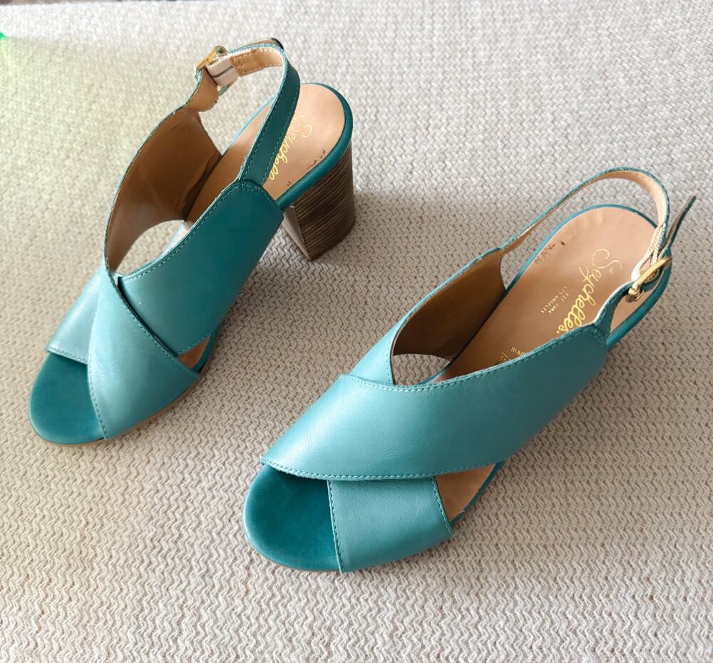 Seychelles Blue Criss Cross Strap Stack Heel Sandal